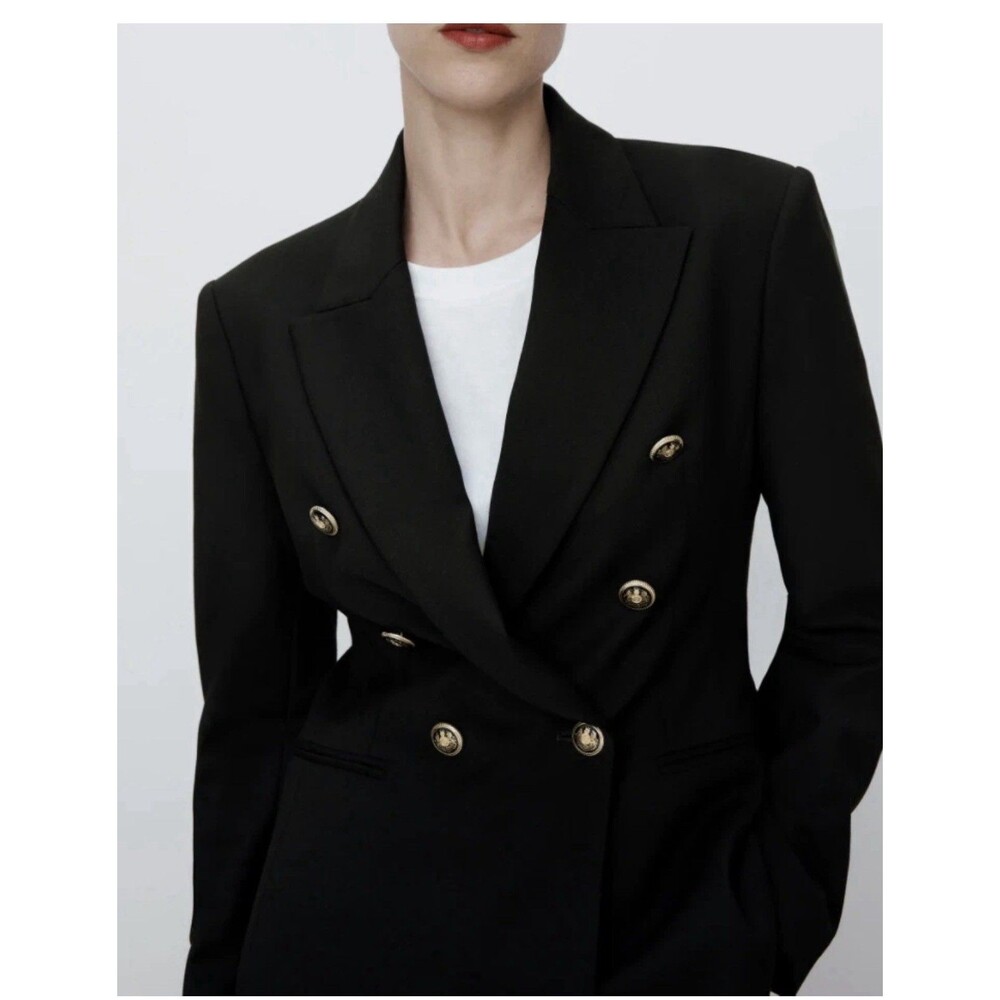 Zara Size Large Mid Length Tailored Double-Breasted Blazer Shoulder Pads Runway